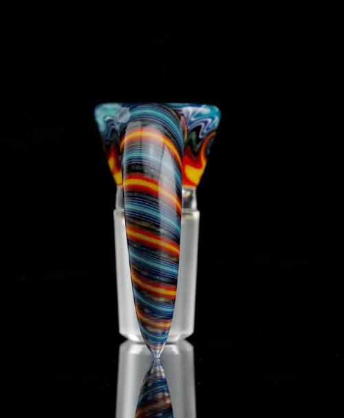 Hand-blown glass vase with colorful swirl patterns.